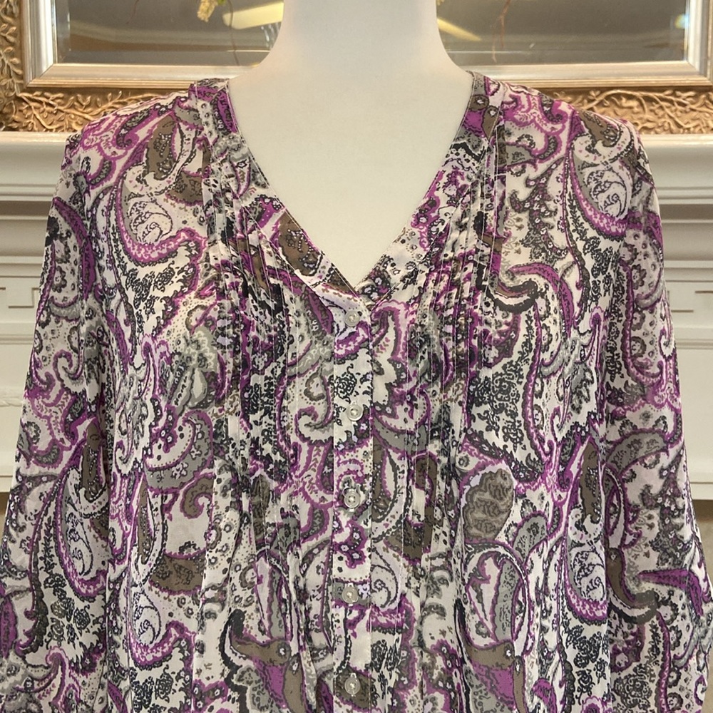 GAP Paisley Pintuck Button Blouse with Roll Tab Sleeves